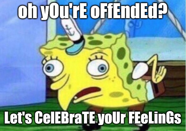 Mocking Spongebob | oh yOu'rE oFfEndEd? Let's CelEBraTE yoUr FEeLinGs | image tagged in memes,mocking spongebob | made w/ Imgflip meme maker