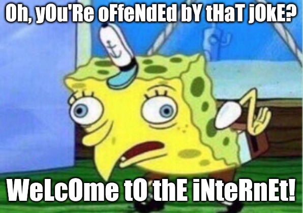 Mocking Spongebob | Oh, yOu'Re oFfeNdEd bY tHaT jOkE? WeLcOme tO thE iNteRnEt! | image tagged in memes,mocking spongebob | made w/ Imgflip meme maker