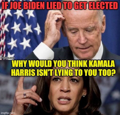 Why Would You Think Kamala Harris Isn't Lying To You Too? | IF JOE BIDEN LIED TO GET ELECTED; WHY WOULD YOU THINK KAMALA HARRIS ISN'T LYING TO YOU TOO? | image tagged in memes,joe biden,presidential election,lies,kamala harris,no difference | made w/ Imgflip meme maker