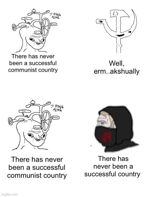 I love communism and hate countries | Well, erm..akshually; There has never been a successful communist country; There has never been a successful country; There has never been a successful communist country | image tagged in communism,anarchism,leftist,memes | made w/ Imgflip meme maker