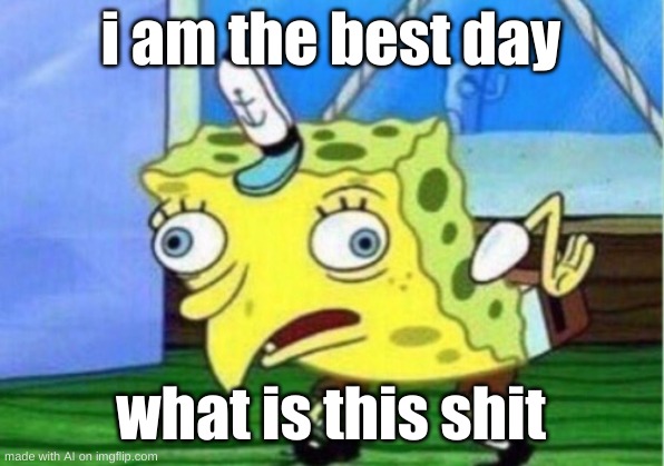 Mocking Spongebob | i am the best day; what is this shit | image tagged in memes,mocking spongebob | made w/ Imgflip meme maker