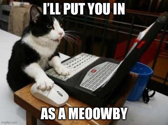 Working Cat | I’LL PUT YOU IN; AS A MEOOWBY | image tagged in working cat | made w/ Imgflip meme maker