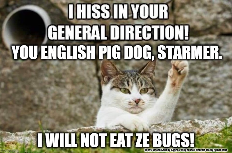 YOU ENGLISH PIG DOG, STARMER. I WILL NOT EAT ZE BUGS! Repost w/ additions by Tigger & Willy of Scott McGrath, Monty Python Fans | made w/ Imgflip meme maker