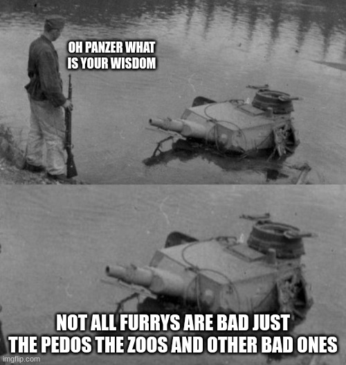 good wisdom | OH PANZER WHAT IS YOUR WISDOM; NOT ALL FURRYS ARE BAD JUST THE PEDOS THE ZOOS AND OTHER BAD ONES | image tagged in panzer of the lake | made w/ Imgflip meme maker