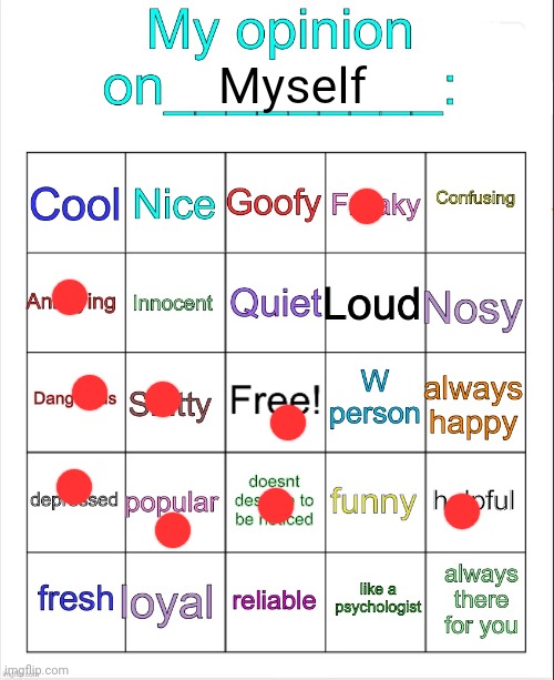 My opinion on ___ bingo by owu | Myself | image tagged in my opinion on ___ bingo by owu | made w/ Imgflip meme maker