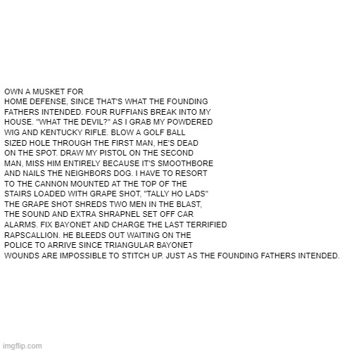 Own a musket for home defense. | OWN A MUSKET FOR HOME DEFENSE, SINCE THAT'S WHAT THE FOUNDING FATHERS INTENDED. FOUR RUFFIANS BREAK INTO MY HOUSE. "WHAT THE DEVIL?" AS I GRAB MY POWDERED WIG AND KENTUCKY RIFLE. BLOW A GOLF BALL SIZED HOLE THROUGH THE FIRST MAN, HE'S DEAD ON THE SPOT. DRAW MY PISTOL ON THE SECOND MAN, MISS HIM ENTIRELY BECAUSE IT'S SMOOTHBORE AND NAILS THE NEIGHBORS DOG. I HAVE TO RESORT TO THE CANNON MOUNTED AT THE TOP OF THE STAIRS LOADED WITH GRAPE SHOT, "TALLY HO LADS" THE GRAPE SHOT SHREDS TWO MEN IN THE BLAST, THE SOUND AND EXTRA SHRAPNEL SET OFF CAR ALARMS. FIX BAYONET AND CHARGE THE LAST TERRIFIED RAPSCALLION. HE BLEEDS OUT WAITING ON THE POLICE TO ARRIVE SINCE TRIANGULAR BAYONET WOUNDS ARE IMPOSSIBLE TO STITCH UP. JUST AS THE FOUNDING FATHERS INTENDED. | made w/ Imgflip meme maker