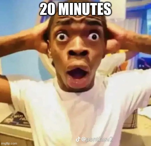 Shocked black guy | 20 MINUTES | image tagged in shocked black guy | made w/ Imgflip meme maker