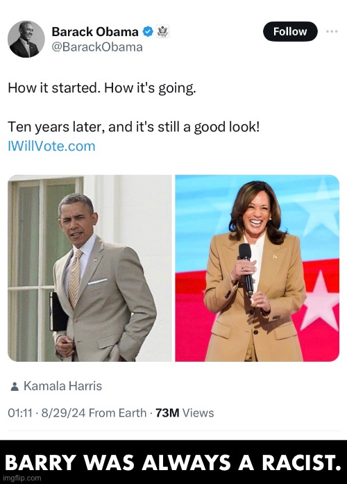 Barack Hussein Obama hates white people. | BARRY WAS ALWAYS A RACIST. | image tagged in barack obama,kamala harris,democrat party,racist,presidential election | made w/ Imgflip meme maker