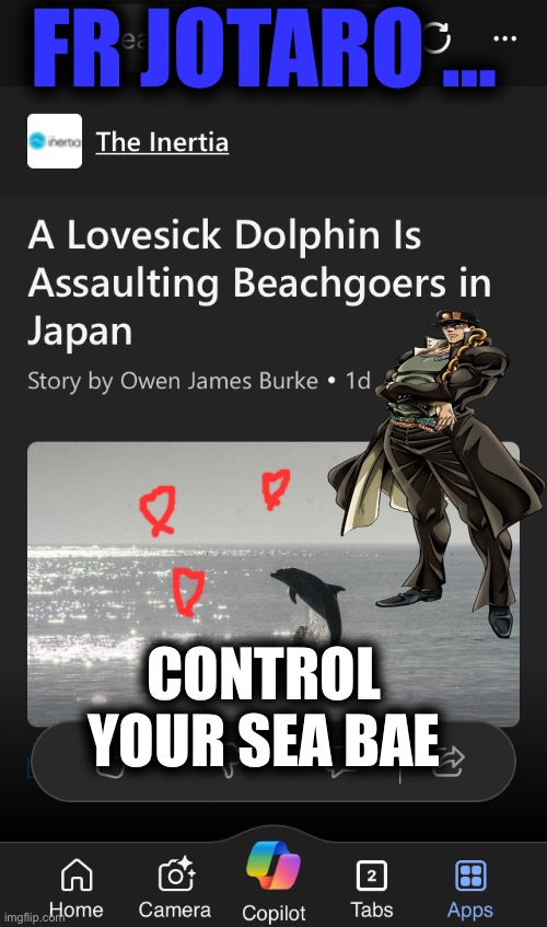 Jotaro’s Bae is Buck Wilding | FR JOTARO …; CONTROL YOUR SEA BAE | image tagged in jjba,jotaro,dolphin | made w/ Imgflip meme maker