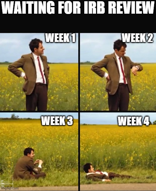 Waiting for the IRB to Review Your Submission | WAITING FOR IRB REVIEW; WEEK 2; WEEK 1; WEEK 3; WEEK 4 | image tagged in mr bean waiting,grad school,phd,irb,research | made w/ Imgflip meme maker