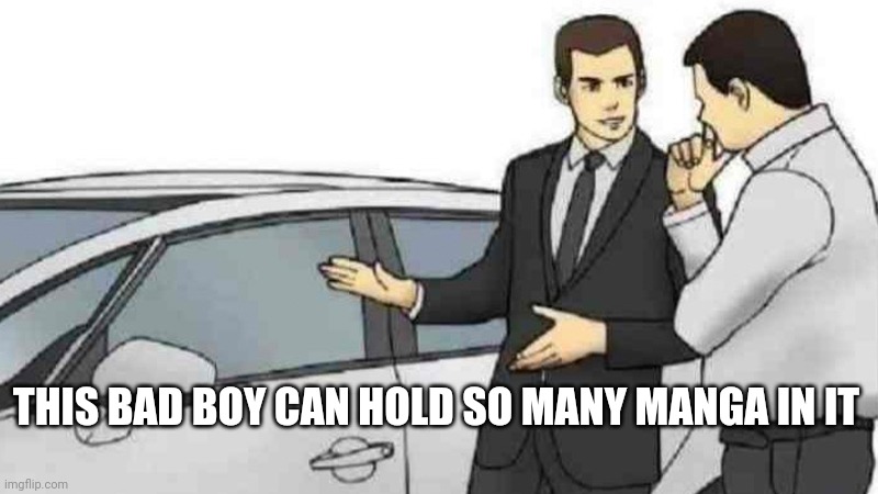 Car Salesman Slaps Roof Of Car Meme | THIS BAD BOY CAN HOLD SO MANY MANGA IN IT | image tagged in memes,car salesman slaps roof of car | made w/ Imgflip meme maker