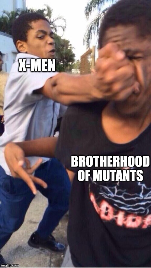 What Happens if Magneto Kidnaps Rogue | X-MEN; BROTHERHOOD
OF MUTANTS | image tagged in memes,x-men,two guys fighting | made w/ Imgflip meme maker