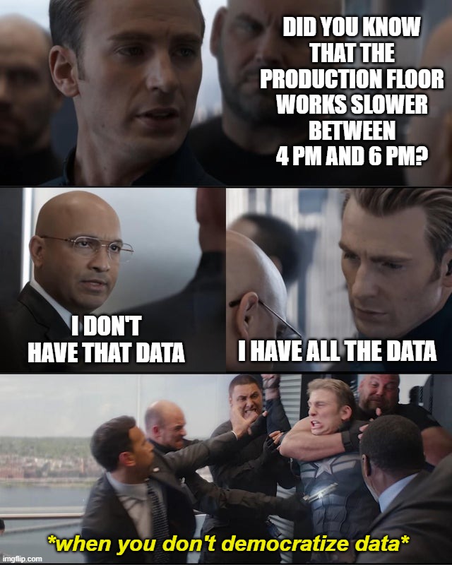 avengers fight meme | DID YOU KNOW
THAT THE
PRODUCTION FLOOR
WORKS SLOWER
BETWEEN
4 PM AND 6 PM? I DON'T HAVE THAT DATA; I HAVE ALL THE DATA; *when you don't democratize data* | image tagged in avengers fight meme | made w/ Imgflip meme maker