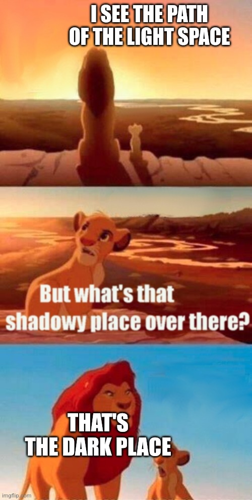 Simba Shadowy Place | I SEE THE PATH OF THE LIGHT SPACE; THAT'S THE DARK PLACE | image tagged in memes,simba shadowy place | made w/ Imgflip meme maker