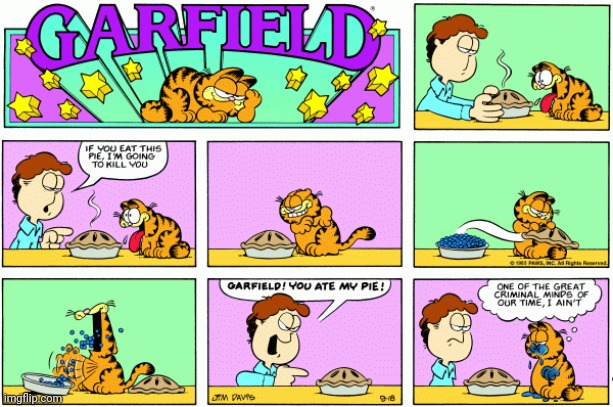 Touch my Pie and you Die | image tagged in garfield,pie | made w/ Imgflip meme maker