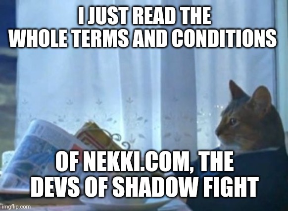 Not very long | I JUST READ THE WHOLE TERMS AND CONDITIONS; OF NEKKI.COM, THE DEVS OF SHADOW FIGHT | image tagged in memes,i should buy a boat cat | made w/ Imgflip meme maker