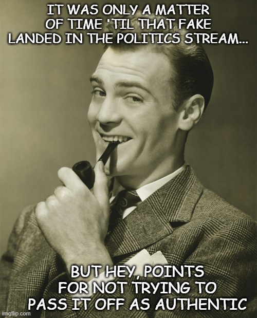 Smug | IT WAS ONLY A MATTER OF TIME 'TIL THAT FAKE LANDED IN THE POLITICS STREAM... BUT HEY, POINTS FOR NOT TRYING TO PASS IT OFF AS AUTHENTIC | image tagged in smug | made w/ Imgflip meme maker