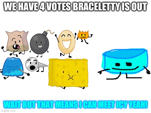 BVV 4 voting results | WE HAVE 4 VOTES BRACELETTY IS OUT; WAIT BUT THAT MEANS I CAN MEET ICY YEAH! | image tagged in blank white template | made w/ Imgflip meme maker