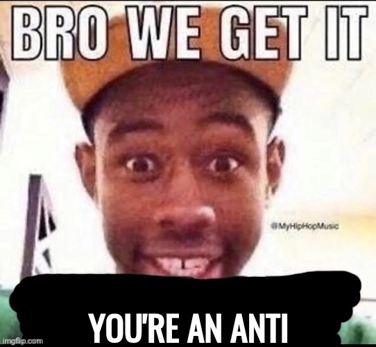 Bro we get it (blank) | YOU'RE AN ANTI | image tagged in bro we get it blank | made w/ Imgflip meme maker