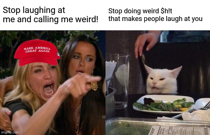 They're some weird af individuals | Stop laughing at me and calling me weird! Stop doing weird $h!t that makes people laugh at you | image tagged in memes,woman yelling at cat,scumbag republicans,terrorists,trailer trash,jeffrey epstein | made w/ Imgflip meme maker