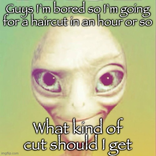 Freaky ahh alien | Guys I’m bored so I’m going for a haircut in an hour or so; What kind of cut should I get | image tagged in freaky ahh alien | made w/ Imgflip meme maker