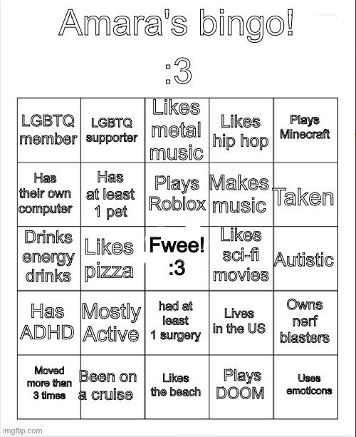 A bingo i made during my trans stage, do it if u want | image tagged in amara's bingo | made w/ Imgflip meme maker