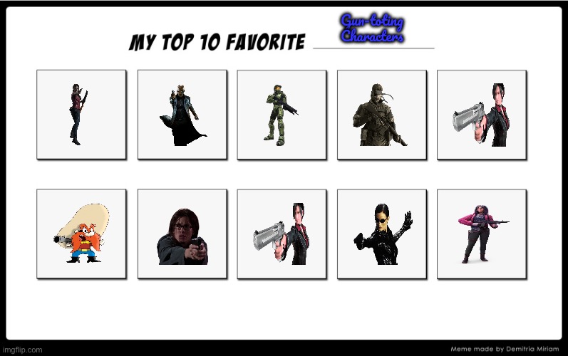 Brandon's Top 10 Gun-toting Characters | Gun-toting Characters | image tagged in my top 10,guns,girls,boy,girl,boys | made w/ Imgflip meme maker