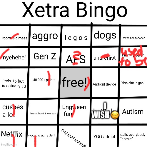 Xetra bingo 2 | I WISH 😔 | image tagged in xetra bingo 2 | made w/ Imgflip meme maker