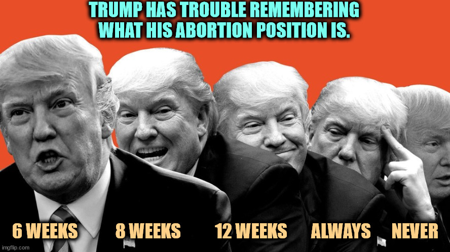 Every six hours he has a different waffle. | TRUMP HAS TROUBLE REMEMBERING WHAT HIS ABORTION POSITION IS. 6 WEEKS           8 WEEKS          12 WEEKS       ALWAYS      NEVER | image tagged in trump,abortion,flip flops,ivf,lies | made w/ Imgflip meme maker