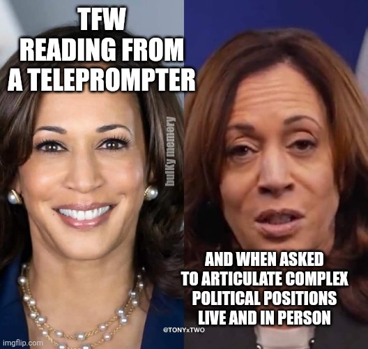 Two-Faced Kamala | TFW READING FROM A TELEPROMPTER; bulKy memery; AND WHEN ASKED TO ARTICULATE COMPLEX POLITICAL POSITIONS LIVE AND IN PERSON | image tagged in kamala harris,two face,democratic socialism,socialism | made w/ Imgflip meme maker