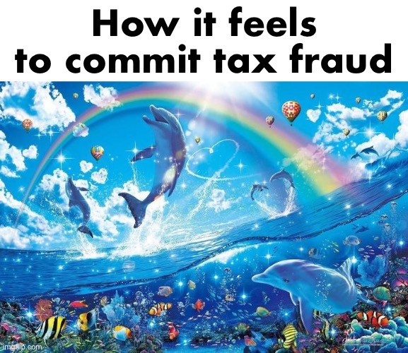 5 upvotes and I post this in politics | How it feels to commit tax fraud | image tagged in happy dolphin rainbow | made w/ Imgflip meme maker