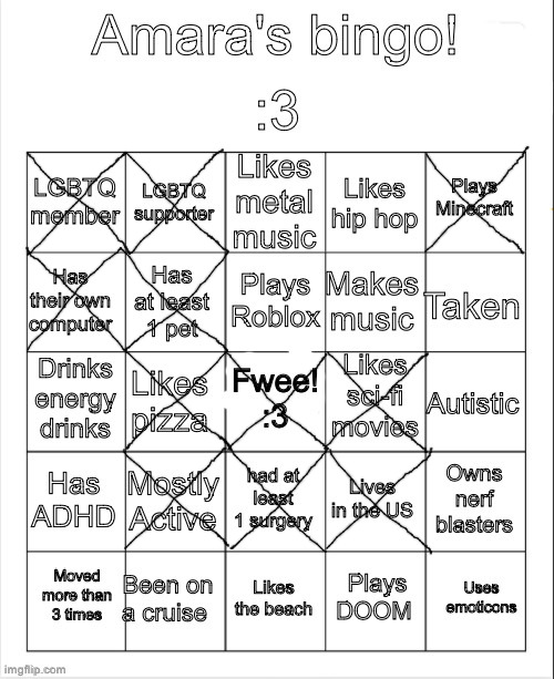 Amara's bingo | image tagged in amara's bingo | made w/ Imgflip meme maker