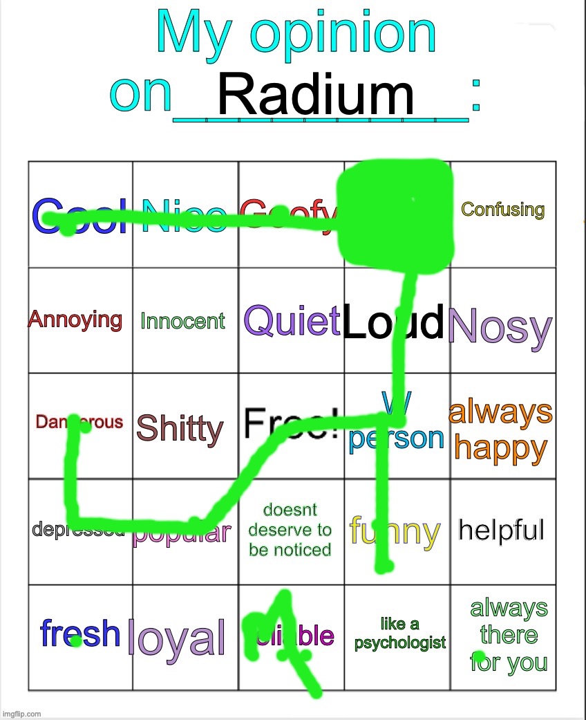 My opinion on ___ bingo by owu | Radium | image tagged in my opinion on ___ bingo by owu | made w/ Imgflip meme maker
