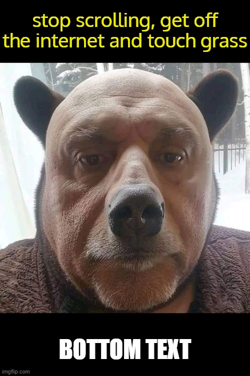 bear man | stop scrolling, get off the internet and touch grass; BOTTOM TEXT | image tagged in bear man | made w/ Imgflip meme maker