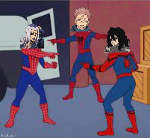 Japanese Va. | image tagged in spiderman pointing at spiderman pointing at spiderman,jjba,jjk,mha,anime,same voice actor | made w/ Imgflip meme maker