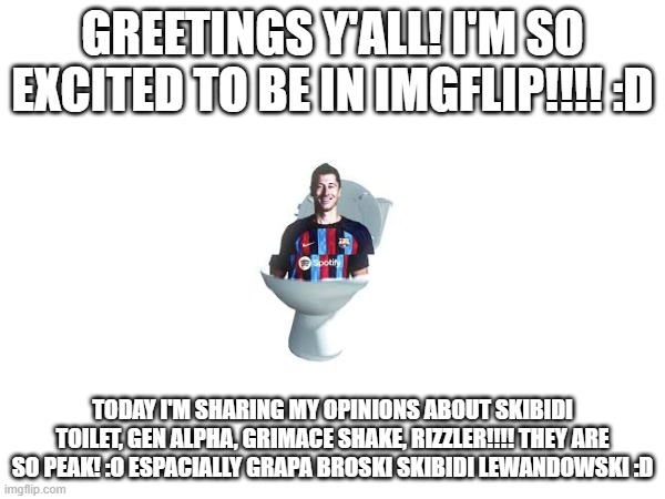 hi!!!! | GREETINGS Y'ALL! I'M SO EXCITED TO BE IN IMGFLIP!!!! :D; TODAY I'M SHARING MY OPINIONS ABOUT SKIBIDI TOILET, GEN ALPHA, GRIMACE SHAKE, RIZZLER!!!! THEY ARE SO PEAK! :O ESPACIALLY GRAPA BROSKI SKIBIDI LEWANDOWSKI :D | image tagged in no snowflake,cruyff has skibidi ryzz | made w/ Imgflip meme maker