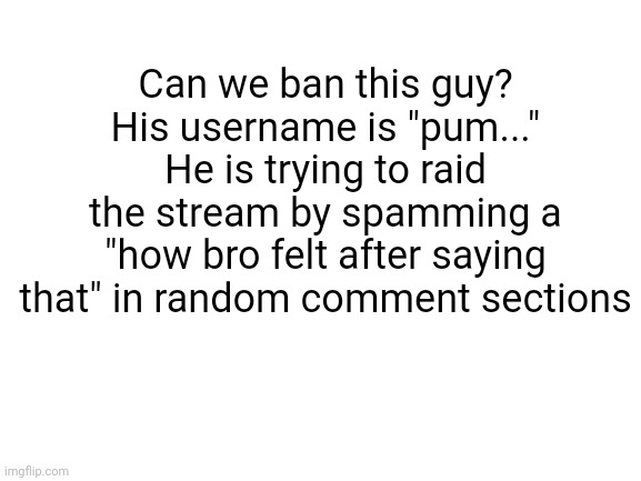 Er ist wirklich nervig (Mod Note: Ist dem so? Mal schauen.) | Can we ban this guy? His username is "pum..." He is trying to raid the stream by spamming a "how bro felt after saying that" in random comment sections | image tagged in blank white template,anti furry | made w/ Imgflip meme maker