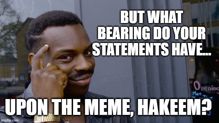 Roll Safe Think About It Meme | BUT WHAT BEARING DO YOUR STATEMENTS HAVE... UPON THE MEME, HAKEEM? | image tagged in memes,roll safe think about it | made w/ Imgflip meme maker