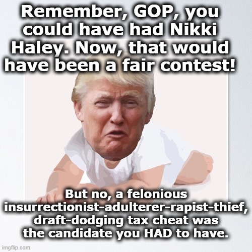 Trump Chosen over Haley | Remember, GOP, you could have had Nikki Haley. Now, that would have been a fair contest! But no, a felonious insurrectionist-adulterer-rapist-thief, draft-dodging tax cheat was the candidate you HAD to have. | image tagged in trump,maga,basket of deplorables,presidential race,donald trump small brain,nevertrump meme | made w/ Imgflip meme maker