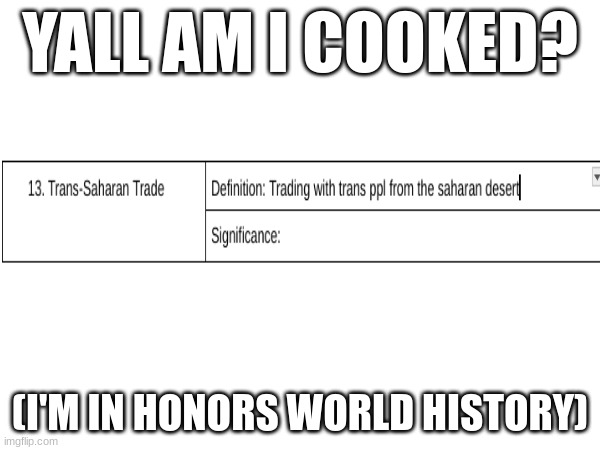 fr am i (no h8 btw) | YALL AM I COOKED? (I'M IN HONORS WORLD HISTORY) | image tagged in transgender,school,kill me,why are you reading the tags | made w/ Imgflip meme maker