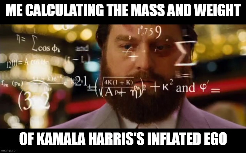 Such A Liar | ME CALCULATING THE MASS AND WEIGHT OF KAMALA HARRIS'S INFLATED EGO | image tagged in hangover math | made w/ Imgflip meme maker