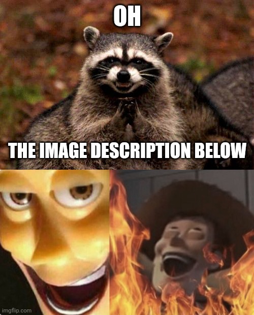 OH THE IMAGE DESCRIPTION BELOW | image tagged in memes,evil plotting raccoon,satanic woody no spacing | made w/ Imgflip meme maker