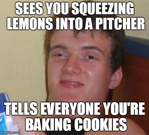 10 Guy | SEES YOU SQUEEZING LEMONS INTO A PITCHER TELLS EVERYONE YOU'RE BAKING COOKIES | image tagged in memes,10 guy,AdviceAnimals | made w/ Imgflip meme maker