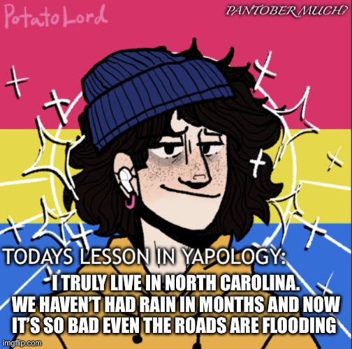 Pics in comments. (What doesn’t help is we have a creek in our back yard, dreading what it looks like now) | I TRULY LIVE IN NORTH CAROLINA. WE HAVEN’T HAD RAIN IN MONTHS AND NOW IT’S SO BAD EVEN THE ROADS ARE FLOODING | image tagged in spookzillas_announcement | made w/ Imgflip meme maker