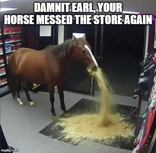 Horse Mess | DAMNIT EARL, YOUR HORSE MESSED THE STORE AGAIN | image tagged in cursed image | made w/ Imgflip meme maker