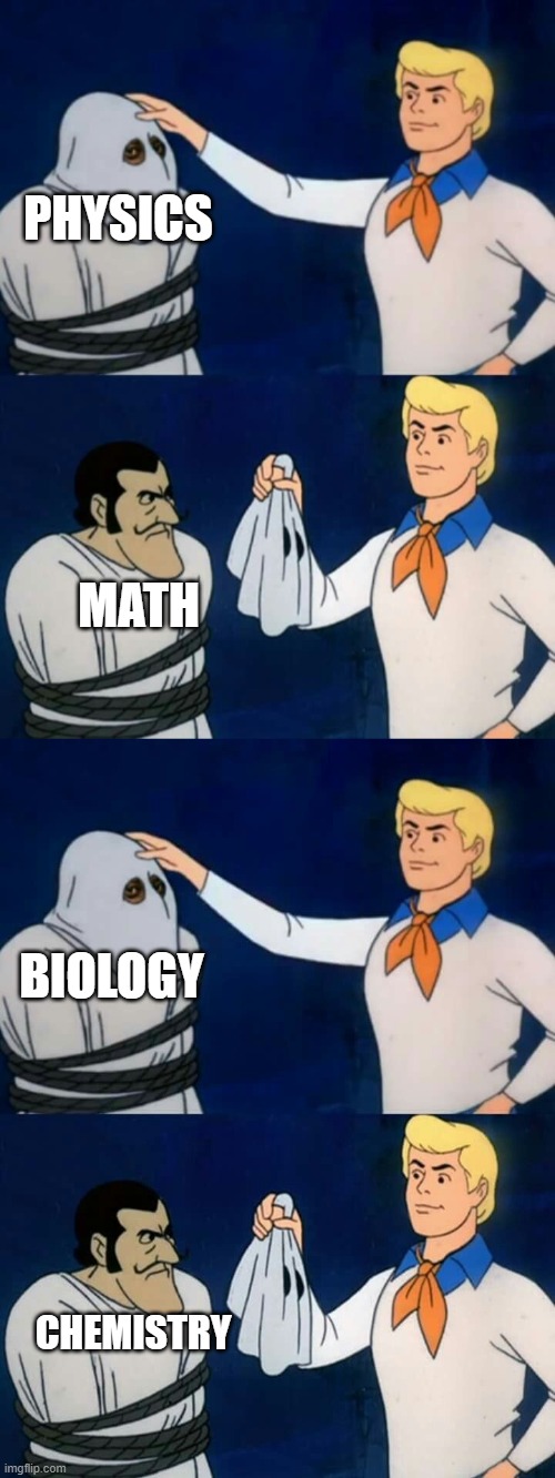 We should rename Physics to "Sciency Math" and Biology to "Lifey Chemistry" | PHYSICS; MATH; BIOLOGY; CHEMISTRY | image tagged in memes,science,biology,chemistry,physics,math | made w/ Imgflip meme maker