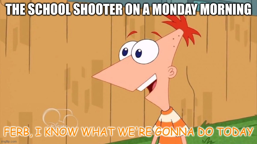 Yes Phineas | THE SCHOOL SHOOTER ON A MONDAY MORNING; FERB, I KNOW WHAT WE'RE GONNA DO TODAY | image tagged in yes phineas | made w/ Imgflip meme maker