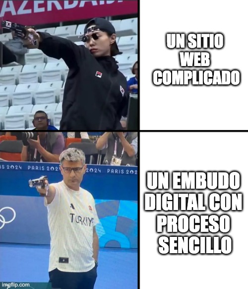 Turkish dad olympics | UN SITIO 
WEB 
COMPLICADO; UN EMBUDO 
DIGITAL CON 
PROCESO 
SENCILLO | image tagged in turkish dad olympics | made w/ Imgflip meme maker