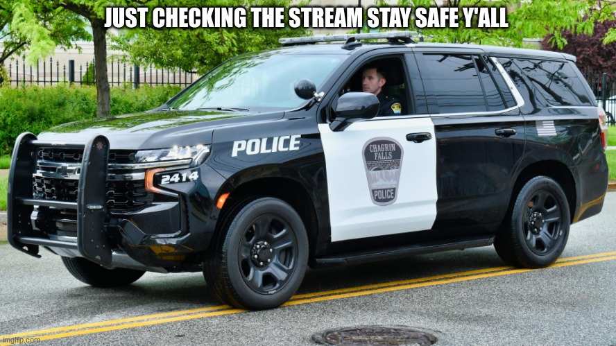 police car | JUST CHECKING THE STREAM STAY SAFE Y'ALL | image tagged in police car | made w/ Imgflip meme maker