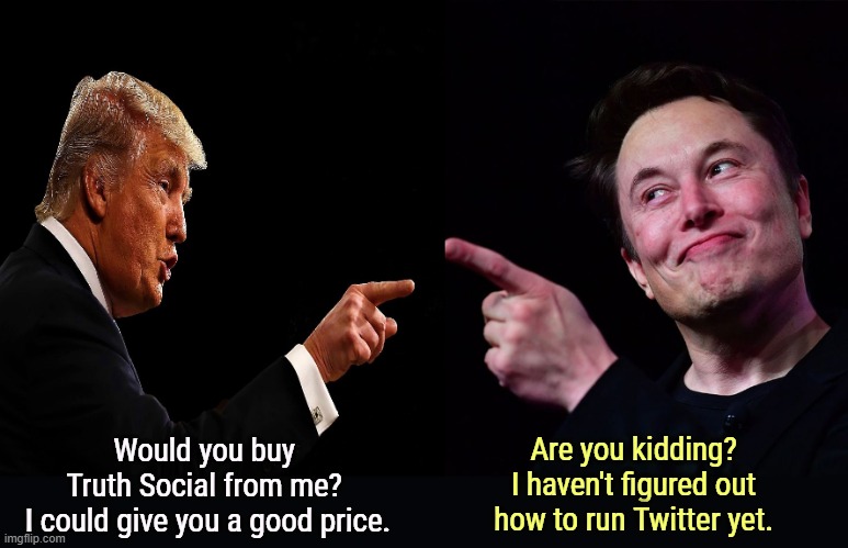 Who said money equals competence? | Are you kidding? I haven't figured out how to run Twitter yet. Would you buy 
Truth Social from me? 
I could give you a good price. | image tagged in trump and elon musk point to each other,trump,elon musk,rich,awful,conservatives | made w/ Imgflip meme maker